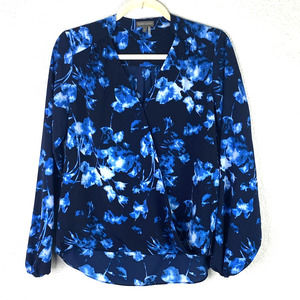 Vince Camuto Blouse Small Womens Blue Floral Wrap top Long Sleeve